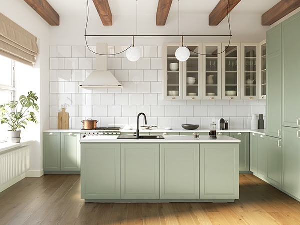 Modern kitchen with cabinets painted a silvery light green, Benjamin Moore October Mist Paint kitchen cabinets