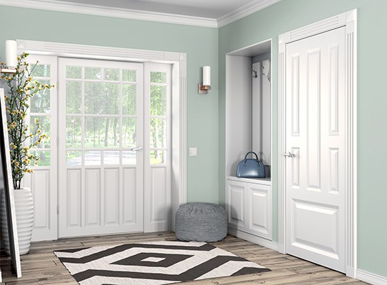 Interior entryway of a home, walls freshly painted with Berh Breezeway light bluish-green