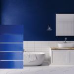 Blue bathroom with Five examples of the same color of dark blue paint with different finishes ranging from gloss, semigloss, satin, eggshell, to flat