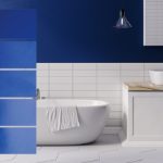 Blue bathroom with Five examples of the same color of dark blue paint with different finishes ranging from gloss, semigloss, satin, eggshell, to flat