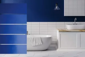 Blue bathroom with Five examples of the same color of dark blue paint with different finishes ranging from gloss, semigloss, satin, eggshell, to flat
