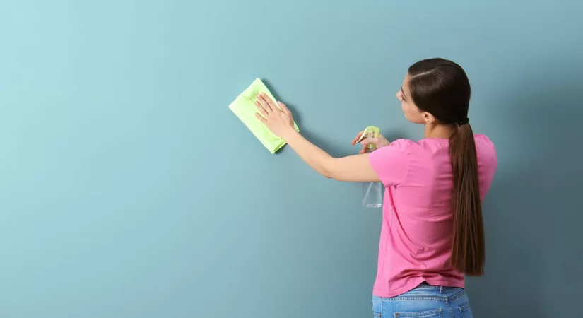 Young woman with long brown hair in pony tail cleaning a blue wall with a cloth