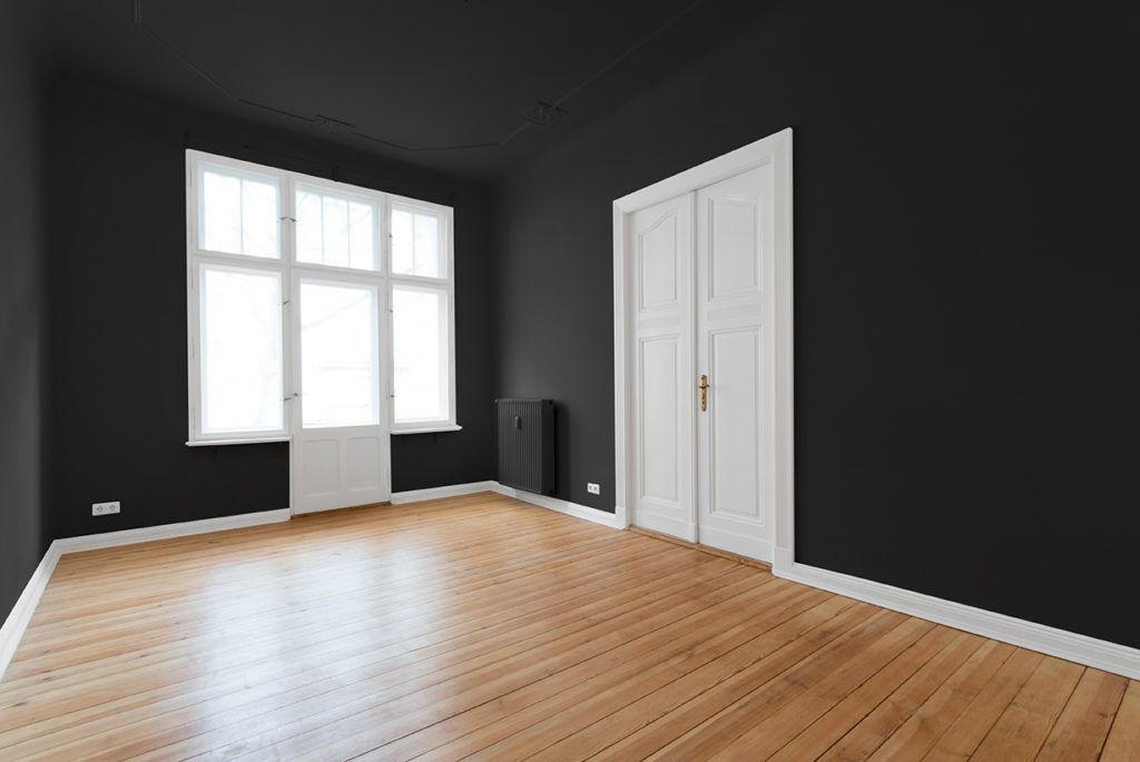 black room with black ceiling, white windows and doors, and light hardwood floor