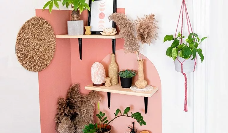 A color block painted wall in the corner of a trendy room with with boho decor