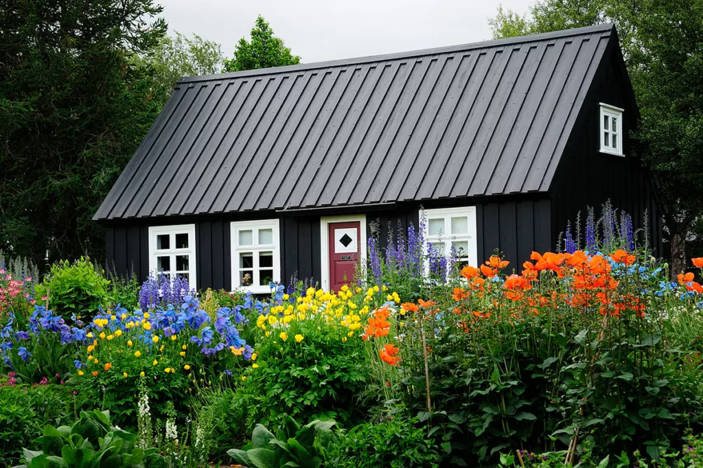 A house with black exterior paint stands out against natural scenery, surrounded by plants and wildflowers