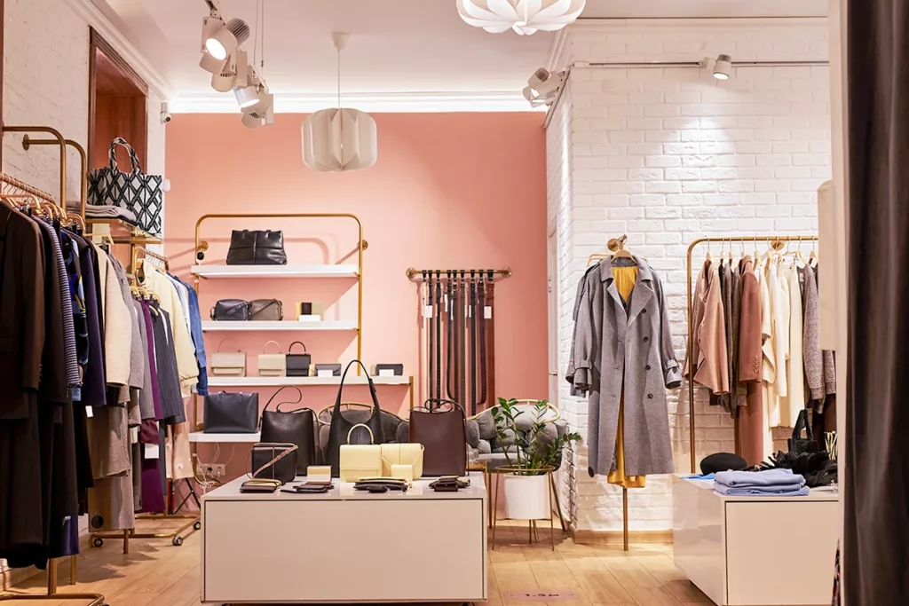 elegant clothing boutique interior with a light pink accent wall and white painted brick 