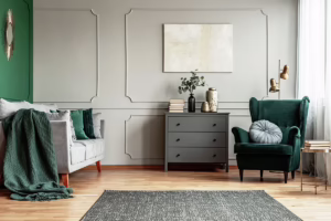A newly painted room with light gray and green walls, showing the concept of tips for getting a flawless paint finish