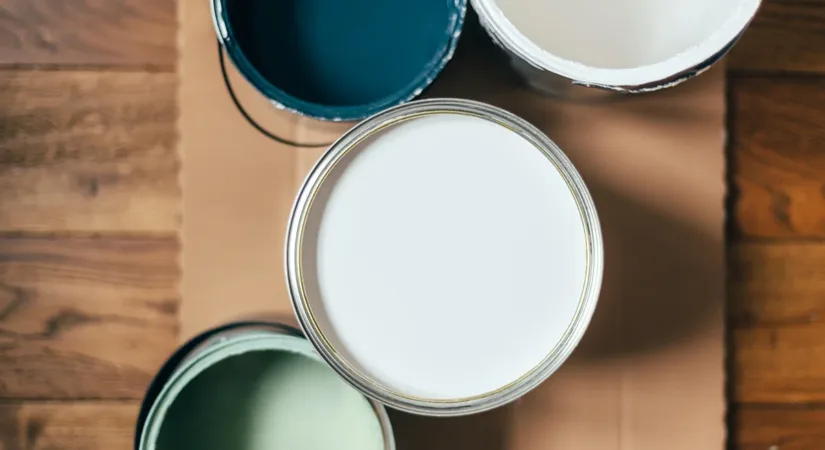 A birds-eye shot of open paint cans on a wooden floor in muted colors, showing the concept of how to choose the best type of paint for different surfaces