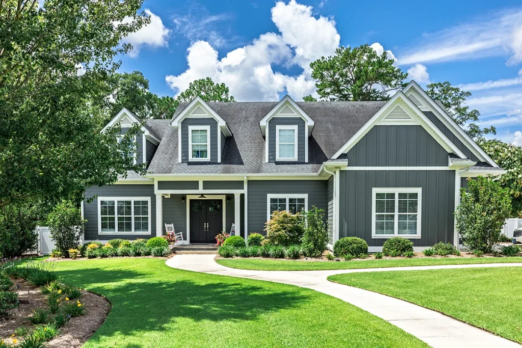 A home with dark gray satin exterior paint finish