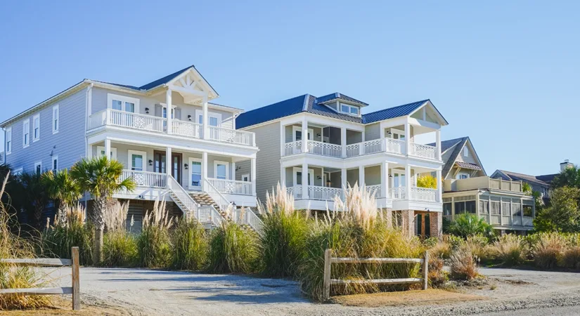 Coastal homes lined up on a street, showing the concept of how coastal weather affects exterior paint