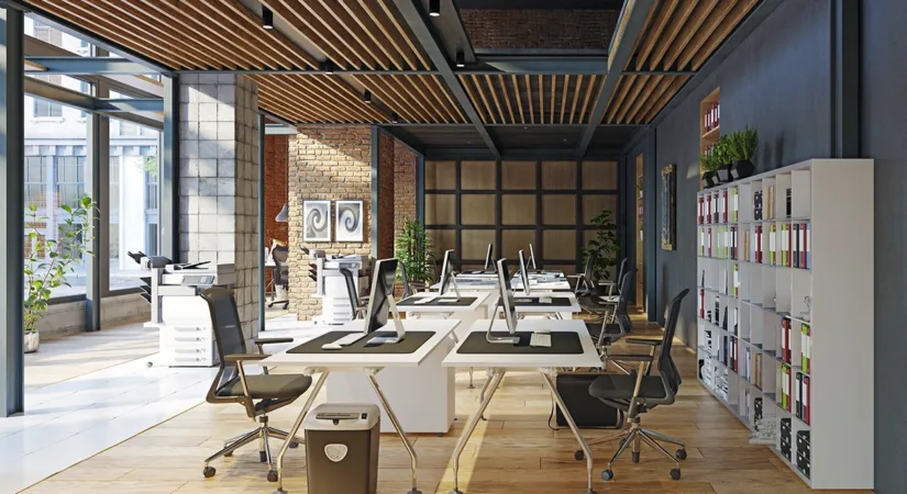 The interior of a bright commercial office building, with hardwood floors, charcoal walls, and large windows